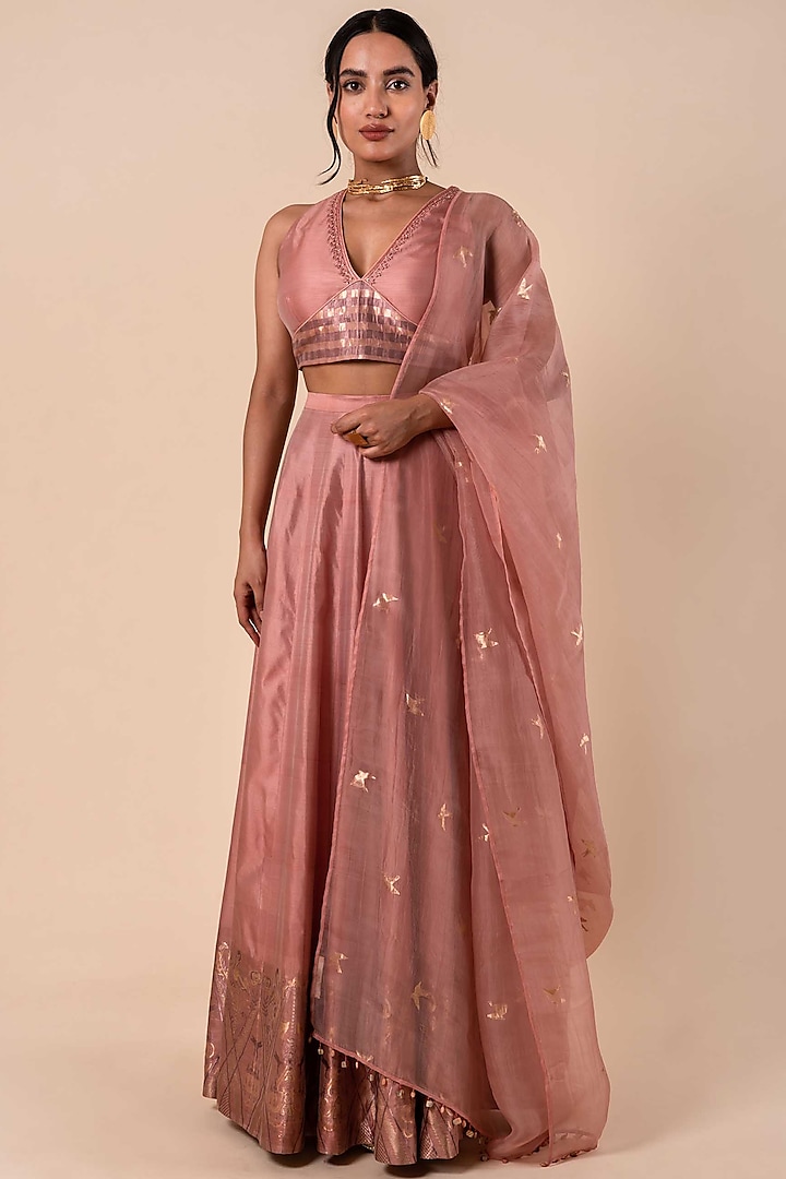 Pink Silk Banarasi Kadhwa Lehenga Set  by Ekaya
