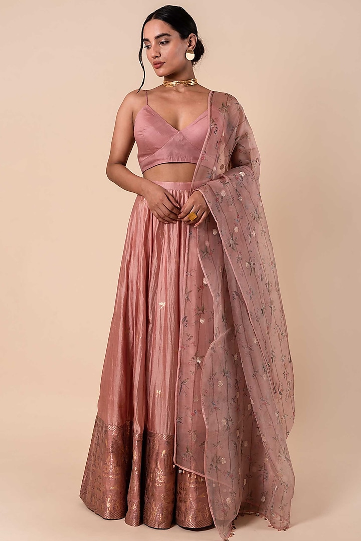 Pink Banarasi Kadhwa Lehenga Set In Silk by Ekaya