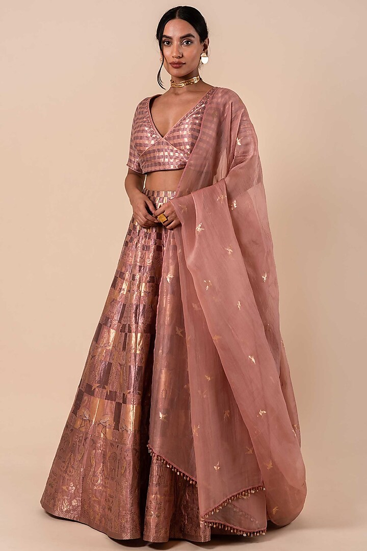 Pink Handloom Silk Banarasi Kadhwa Lehenga Set by Ekaya