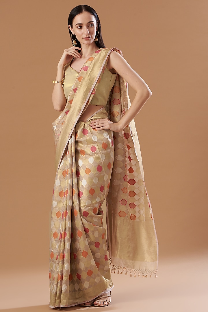 Gold Tissue Handwoven Saree Set by Ekaya at Pernia's Pop Up Shop