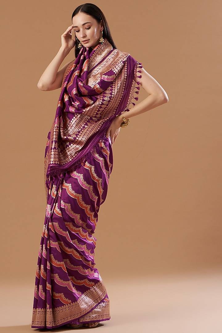 Purple Silk Handwoven Reception Saree Set by Ekaya at Pernia's Pop Up Shop