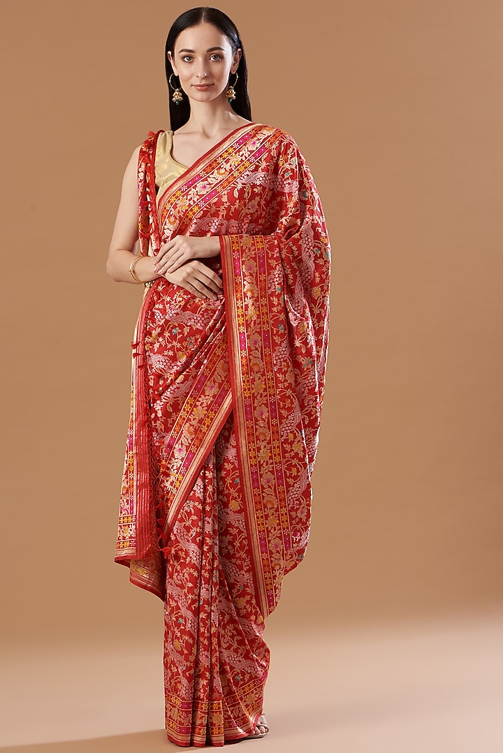 Red Silk Handwoven Saree Set by Ekaya