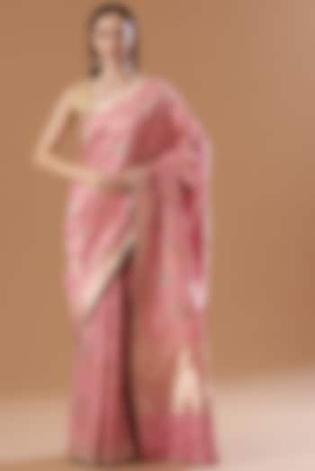 Peach Silk Handwoven Saree Set by Ekaya