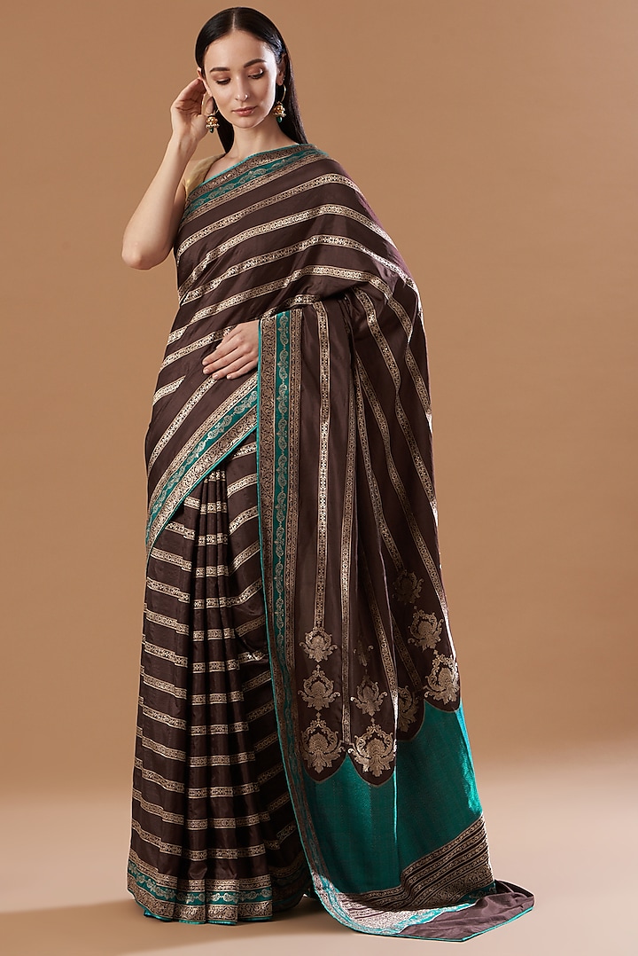 Brown Silk Handwoven Saree Set by Ekaya
