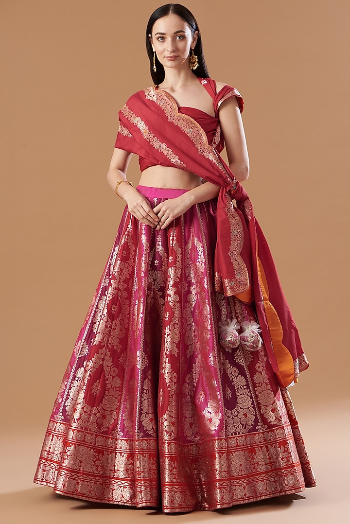 Red Silk Handwoven Bridal Lehenga Set by Ekaya at Pernia's Pop Up Shop