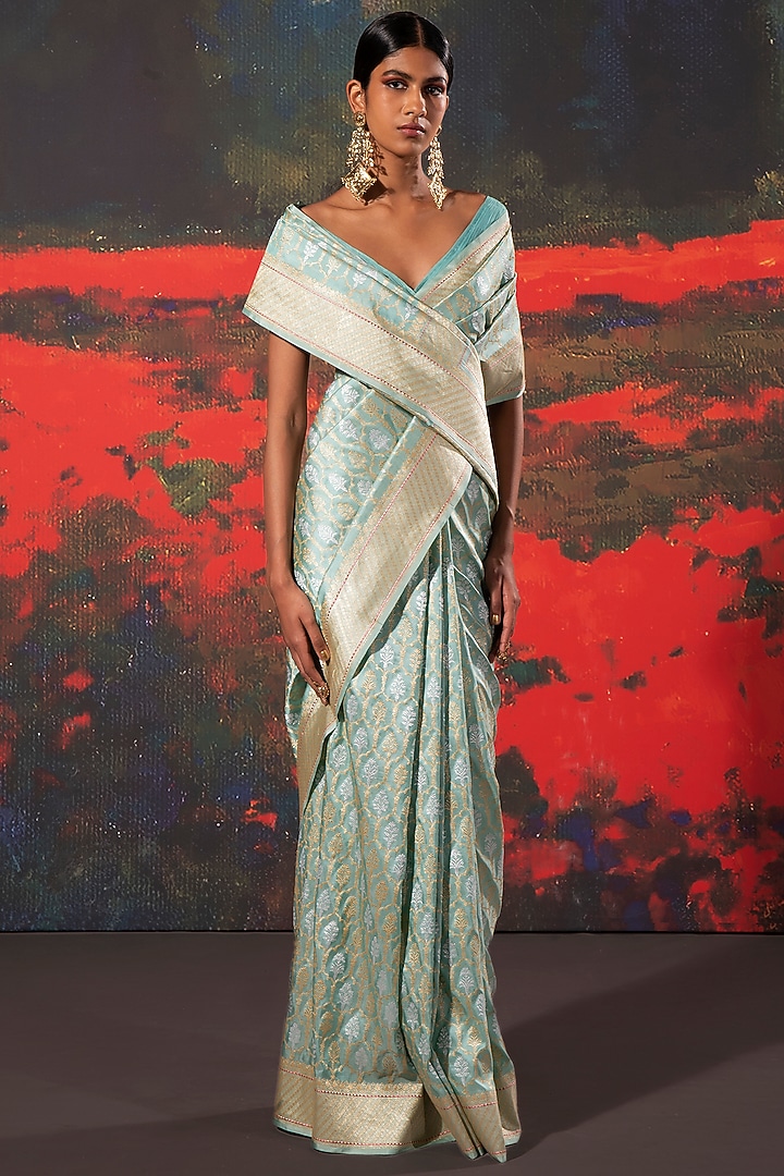 Blue Silk Handwoven Bridal Saree by Ekaya at Pernia's Pop Up Shop