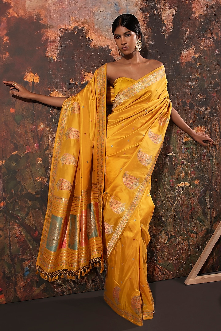 Yellow Silk Banarasi Handwoven Saree by Ekaya at Pernia's Pop Up Shop