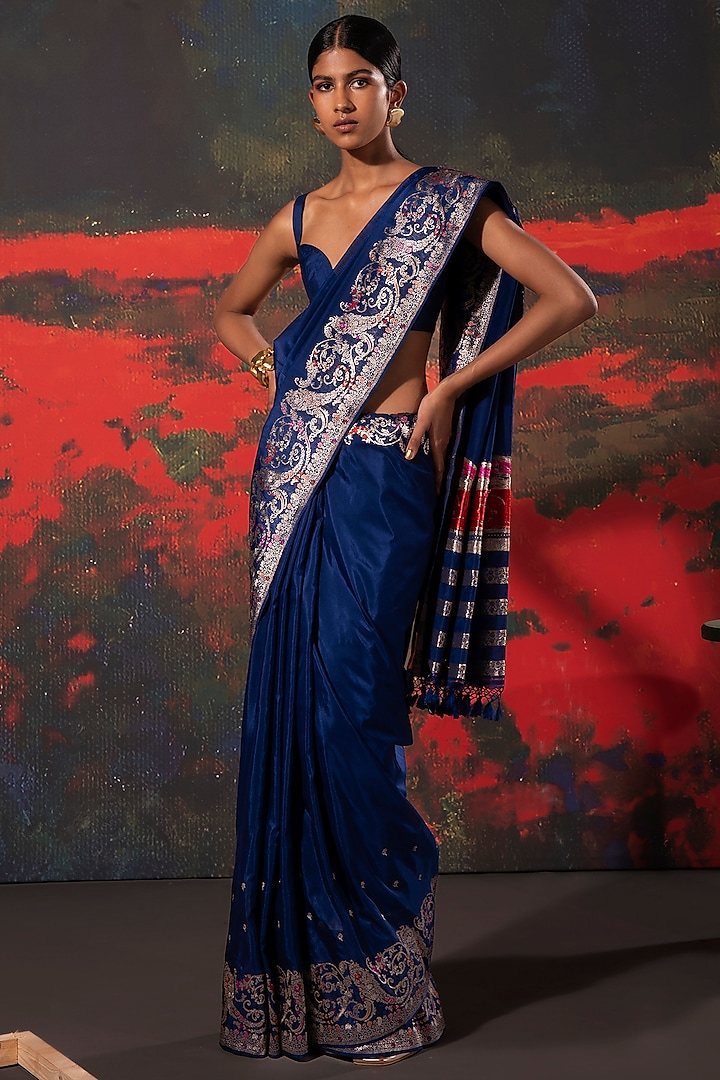 Blue Silk Banarasi Handwoven Saree by Ekaya