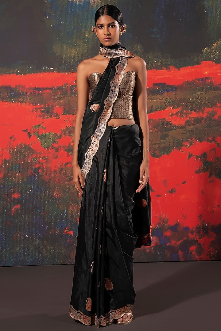 Black Silk Banarasi Handwoven Saree by Ekaya at Pernia's Pop Up Shop