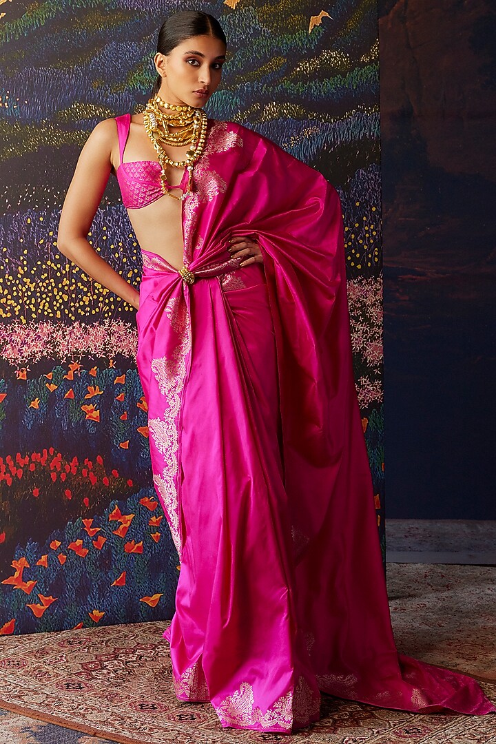 Pink Silk Banarasi Handwoven Wedding Saree by Ekaya at Pernia's Pop Up Shop