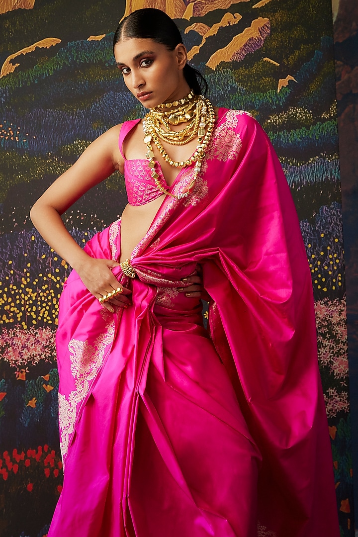 Pink Silk Banarasi Handwoven Wedding Saree by Ekaya at Pernia's Pop Up Shop