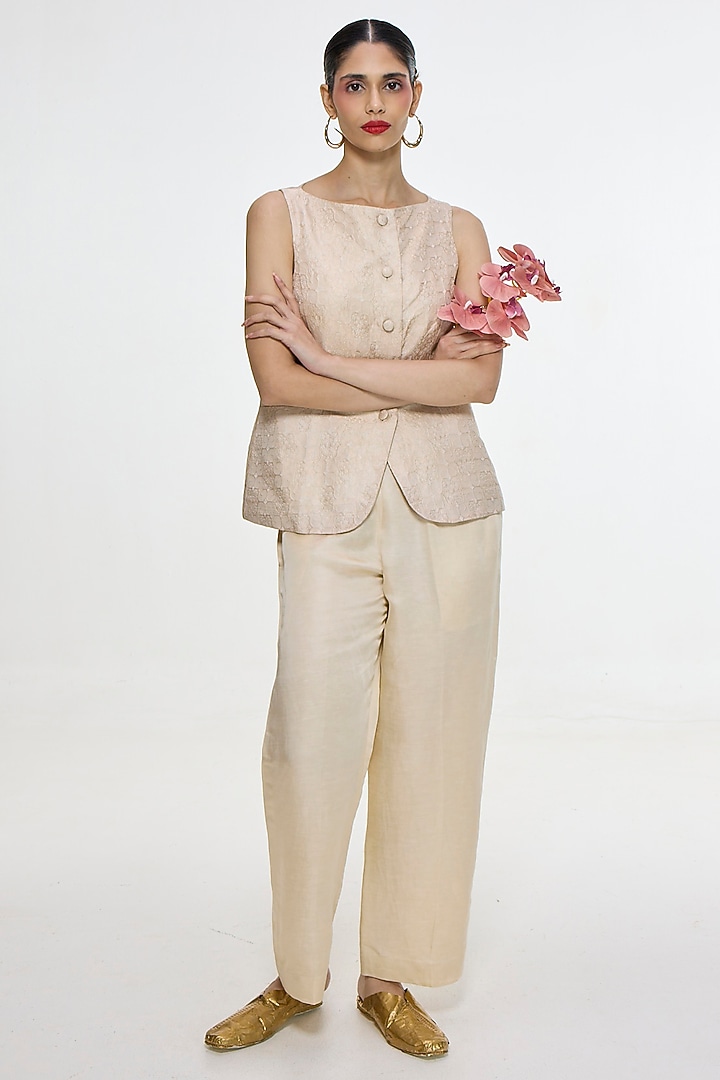 Ivory Satin Silk Handwoven Waistcoat by Ekaya at Pernia's Pop Up Shop