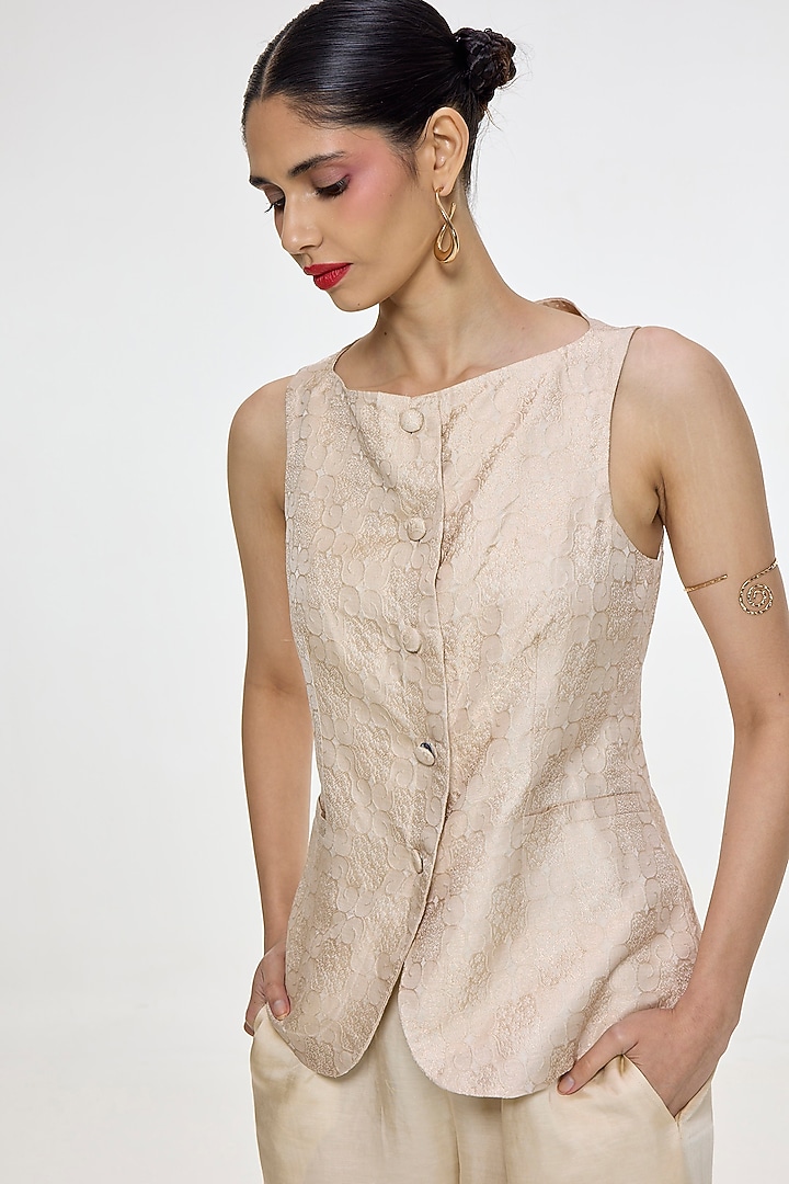 Ivory Satin Silk Handwoven Waistcoat by Ekaya at Pernia's Pop Up Shop