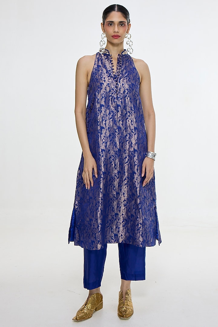 Royal Blue Satin Silk Handwoven Kurta Set by Ekaya at Pernia's Pop Up Shop