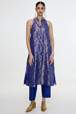 Royal Blue Satin Silk Handwoven Kurta Set by Ekaya