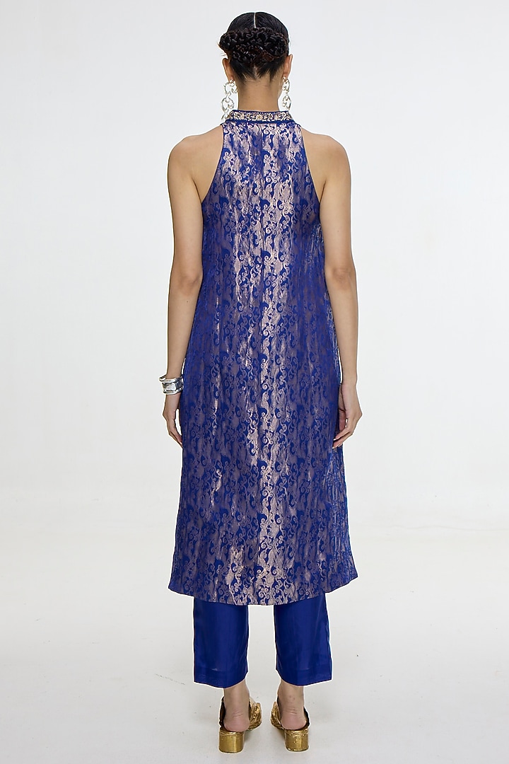 Royal Blue Satin Silk Handwoven Kurta Set by Ekaya at Pernia's Pop Up Shop