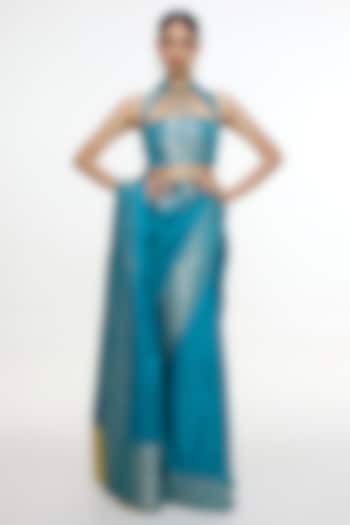 Coral Blue Satin Silk Handwoven Wedding Saree by Ekaya at Pernia's Pop Up Shop