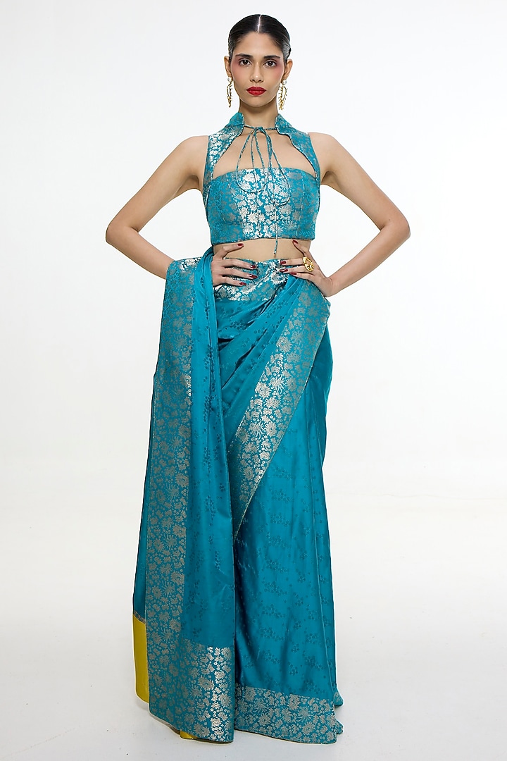 Coral Blue Satin Silk Handwoven Wedding Saree by Ekaya at Pernia's Pop Up Shop