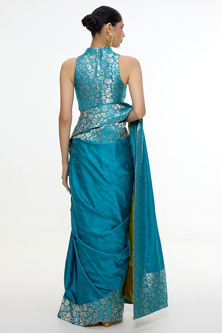 Coral Blue Satin Silk Handwoven Wedding Saree by Ekaya at Pernia's Pop Up Shop