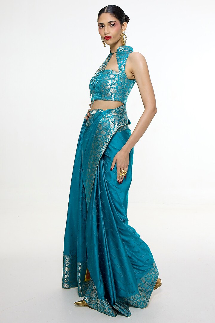 Coral Blue Satin Silk Handwoven Wedding Saree by Ekaya at Pernia's Pop Up Shop
