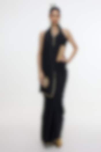 Black Mashroo Silk Embroidered Handwoven Wedding Saree by Ekaya at Pernia's Pop Up Shop