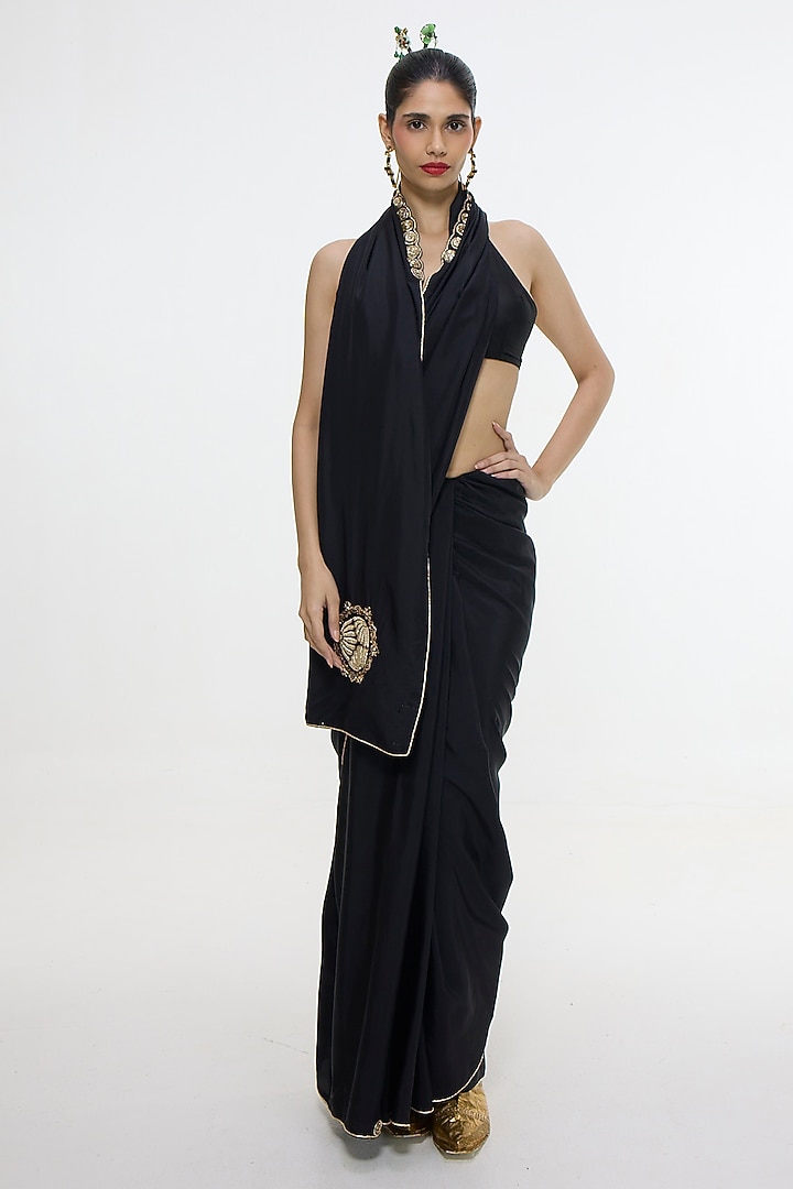 Black Mashroo Silk Embroidered Handwoven Wedding Saree by Ekaya at Pernia's Pop Up Shop