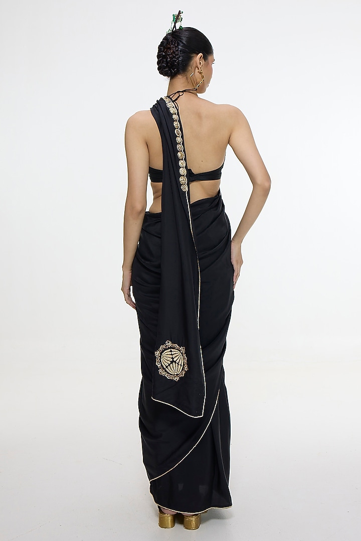 Black Mashroo Silk Embroidered Handwoven Wedding Saree by Ekaya at Pernia's Pop Up Shop
