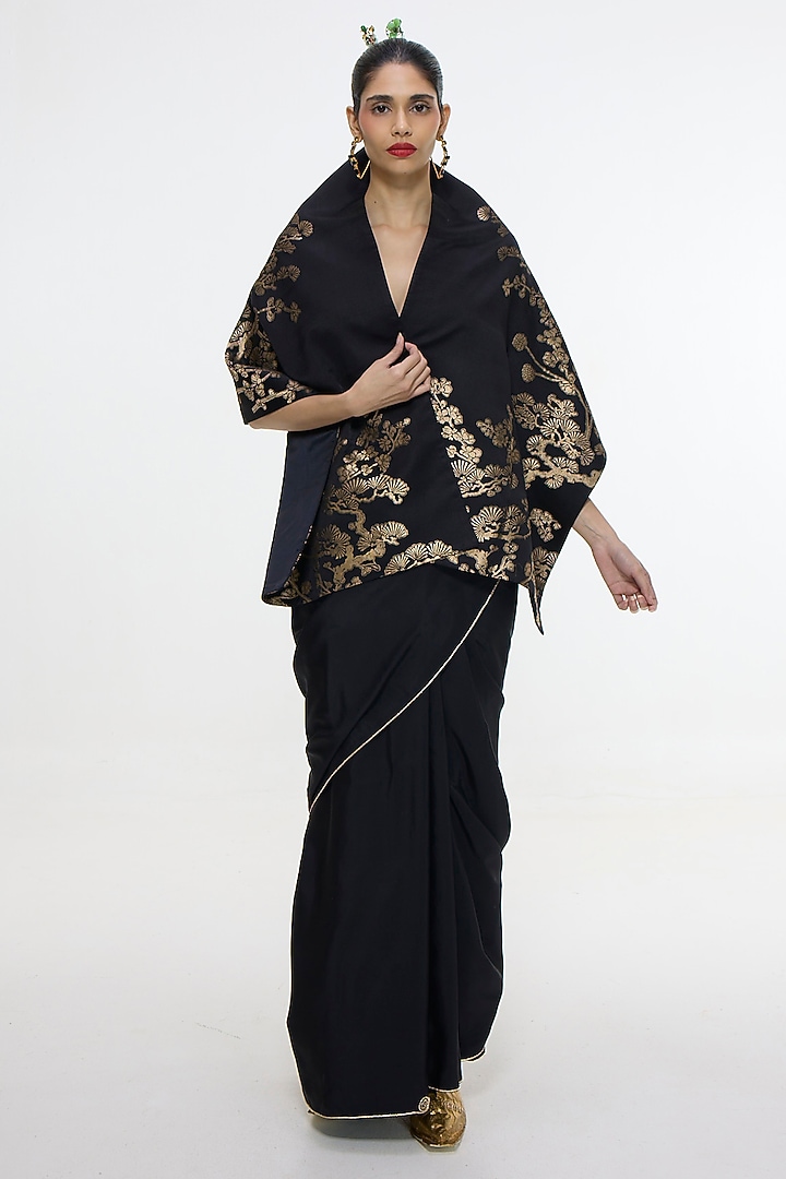 Black Mashroo Silk Embroidered Handwoven Wedding Saree by Ekaya at Pernia's Pop Up Shop