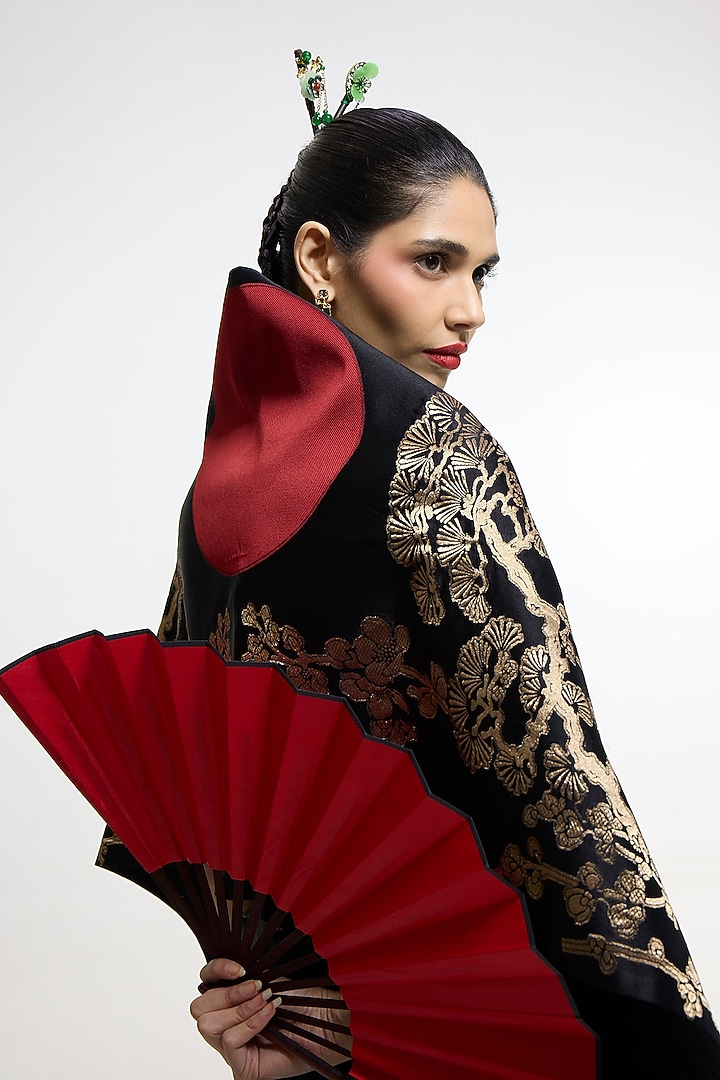 Black Mashroo Silk Embroidered Handwoven Wedding Saree by Ekaya at Pernia's Pop Up Shop