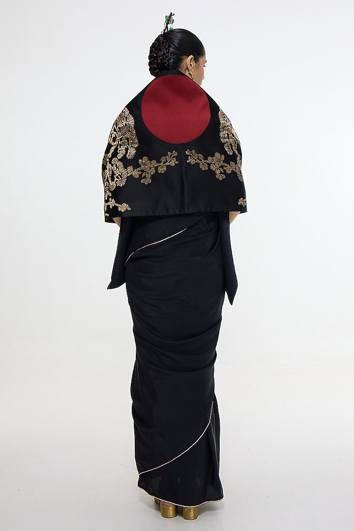 Black Mashroo Silk Embroidered Handwoven Wedding Saree by Ekaya at Pernia's Pop Up Shop