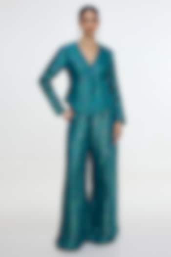 Coral Blue Satin Silk Handwoven Jacket Set by Ekaya at Pernia's Pop Up Shop