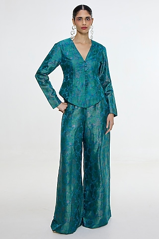 Coral Blue Satin Silk Handwoven Jacket Set by Ekaya