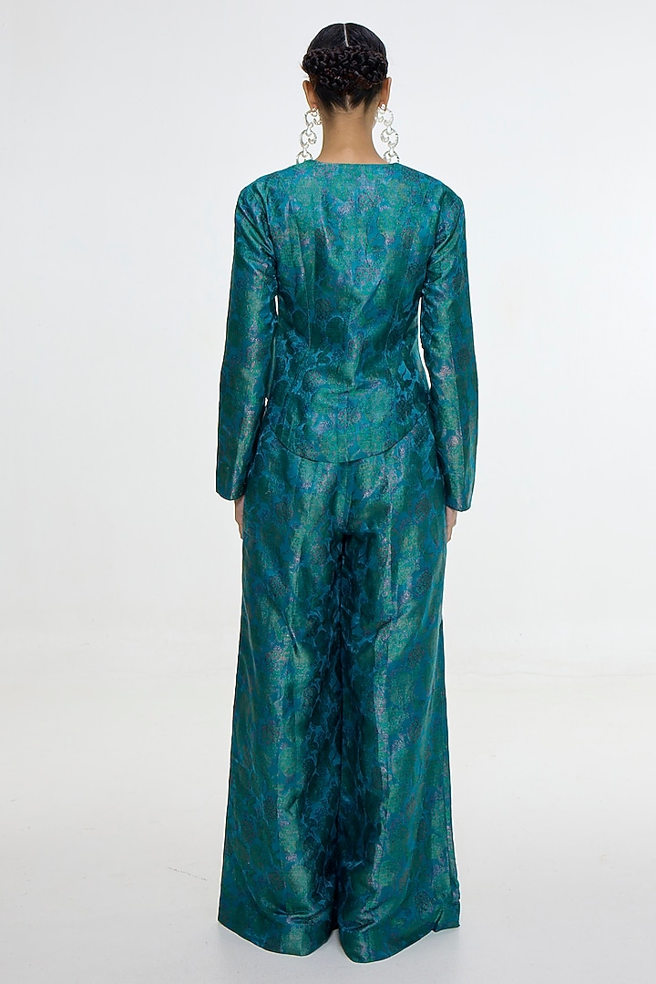 Coral Blue Satin Silk Handwoven Jacket Set by Ekaya at Pernia's Pop Up Shop