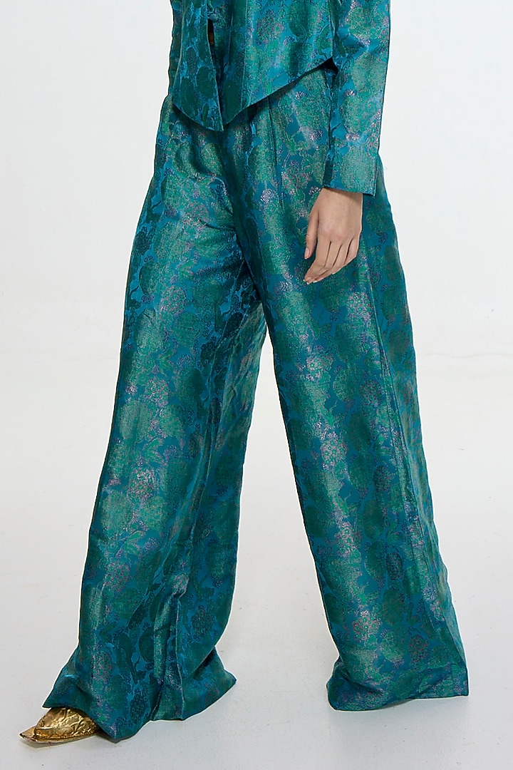 Coral Blue Satin Silk Handwoven Jacket Set by Ekaya at Pernia's Pop Up Shop