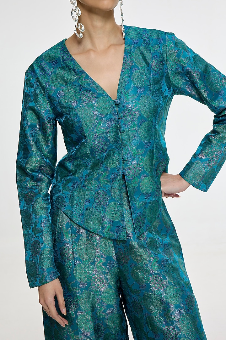 Coral Blue Satin Silk Handwoven Jacket Set by Ekaya at Pernia's Pop Up Shop