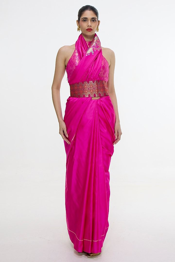 Hot Pink Satin Silk Kadhwa Banarasi Handwoven Wedding Saree by Ekaya at Pernia's Pop Up Shop