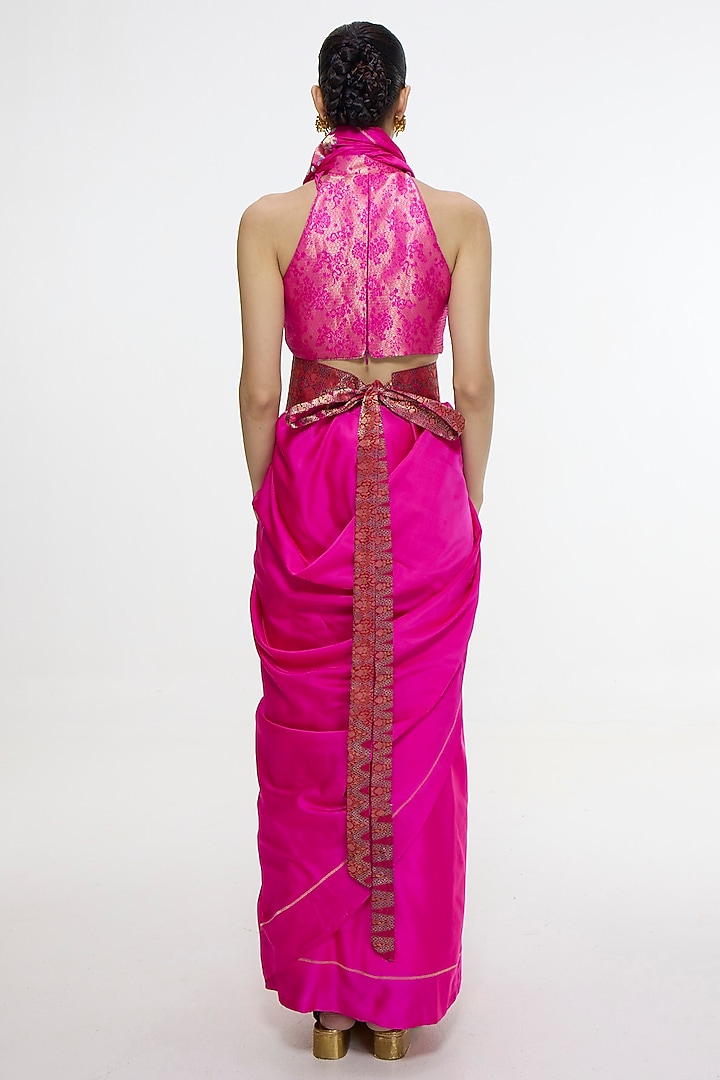 Hot Pink Satin Silk Kadhwa Banarasi Handwoven Wedding Saree by Ekaya at Pernia's Pop Up Shop