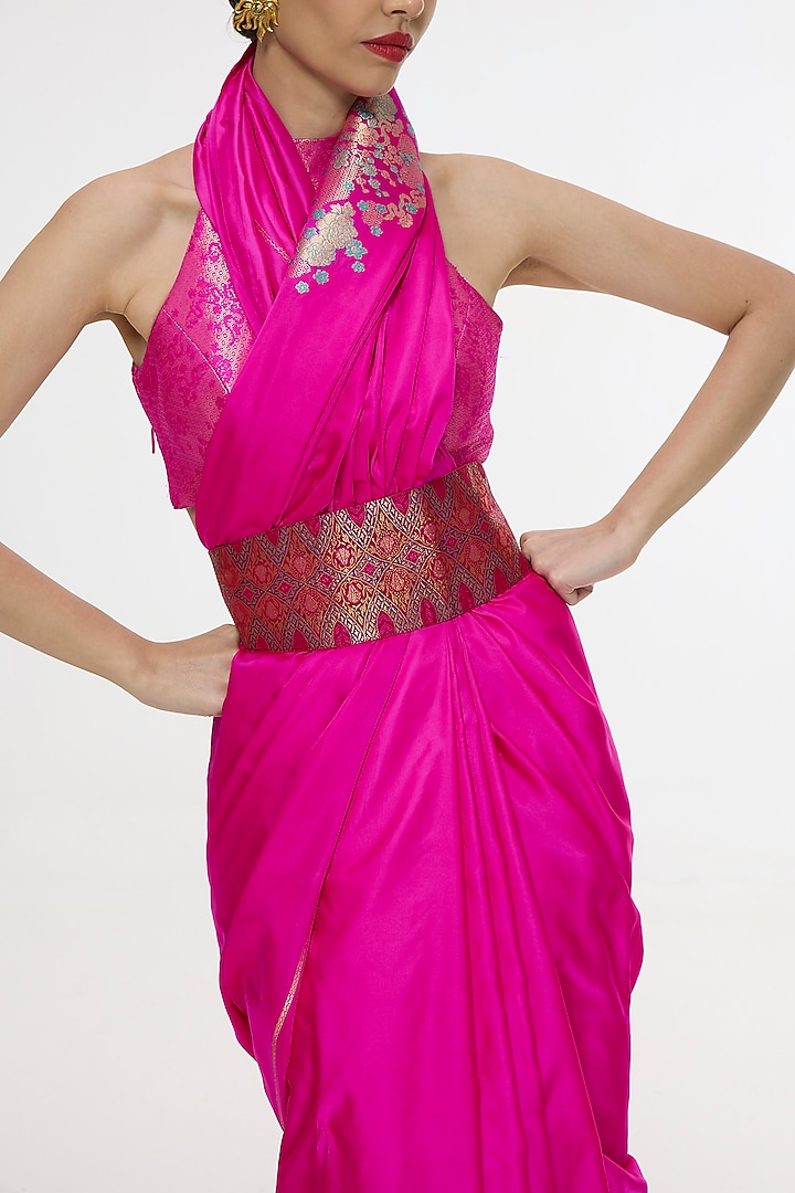 Hot Pink Satin Silk Kadhwa Banarasi Handwoven Wedding Saree by Ekaya at Pernia's Pop Up Shop