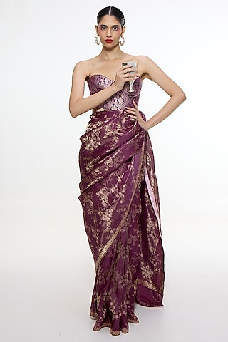 Cocoa Brown Satin Silk Tanchoi Banarasi Handwoven Saree by Ekaya