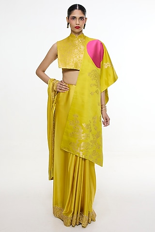 Mustard Yellow Mashru Silk Embroidered Banarasi Saree by Ekaya