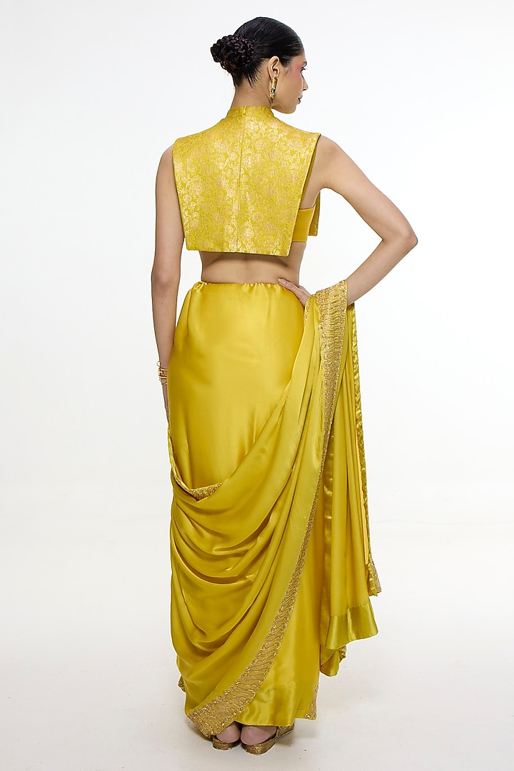 Mustard Yellow Mashru Silk Embroidered Banarasi Wedding Saree by Ekaya at Pernia's Pop Up Shop