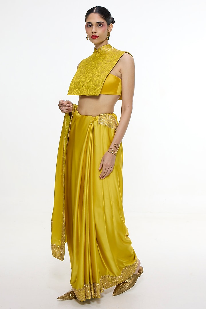 Mustard Yellow Mashru Silk Embroidered Banarasi Wedding Saree by Ekaya at Pernia's Pop Up Shop