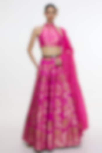 Fuchsia Pure Satin Silk Banarasi Wedding Lehenga Set by Ekaya at Pernia's Pop Up Shop