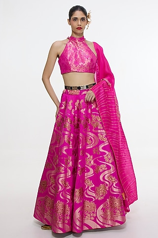 Fuchsia Pure Satin Silk Banarasi Lehenga Set by Ekaya