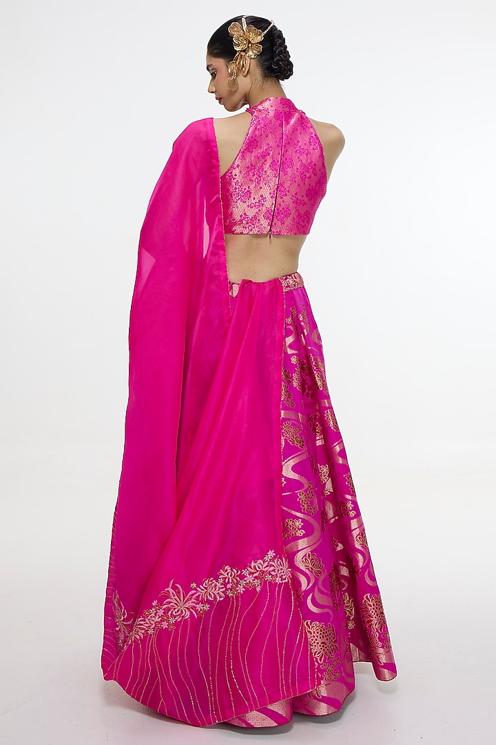 Fuchsia Pure Satin Silk Banarasi Bridal Lehenga Set by Ekaya at Pernia's Pop Up Shop