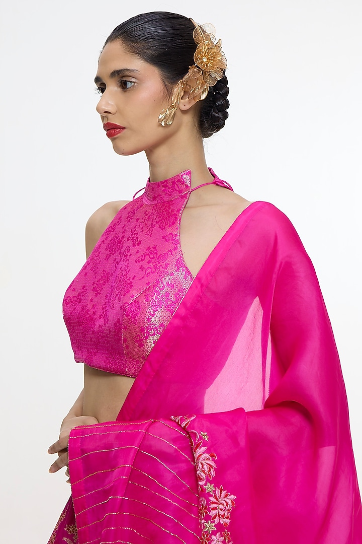 Fuchsia Pure Satin Silk Banarasi Bridal Lehenga Set by Ekaya at Pernia's Pop Up Shop