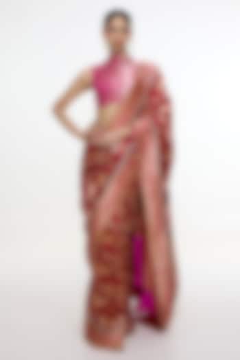 Ruby Red Satin Silk Kadhwa Banarasi Reception Saree by Ekaya at Pernia's Pop Up Shop