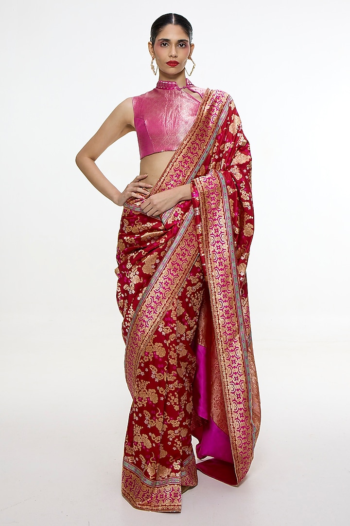 Ruby Red Satin Silk Kadhwa Banarasi Reception Saree by Ekaya at Pernia's Pop Up Shop
