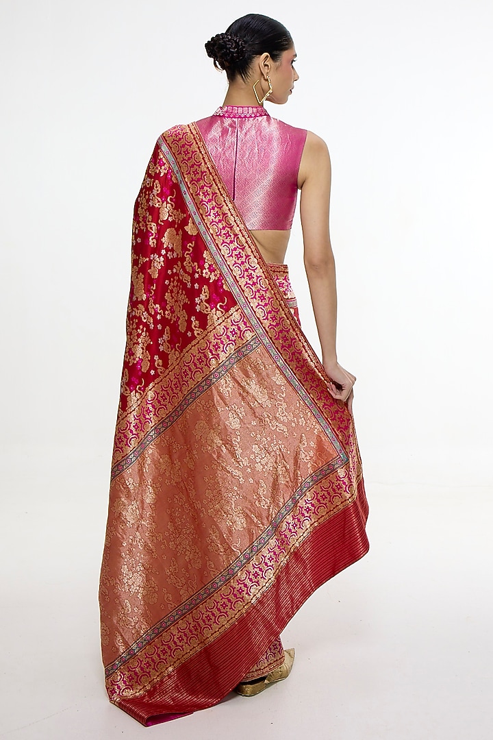 Ruby Red Satin Silk Kadhwa Banarasi Reception Saree by Ekaya at Pernia's Pop Up Shop