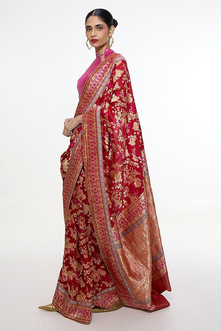 Ruby Red Satin Silk Kadhwa Banarasi Reception Saree by Ekaya at Pernia's Pop Up Shop